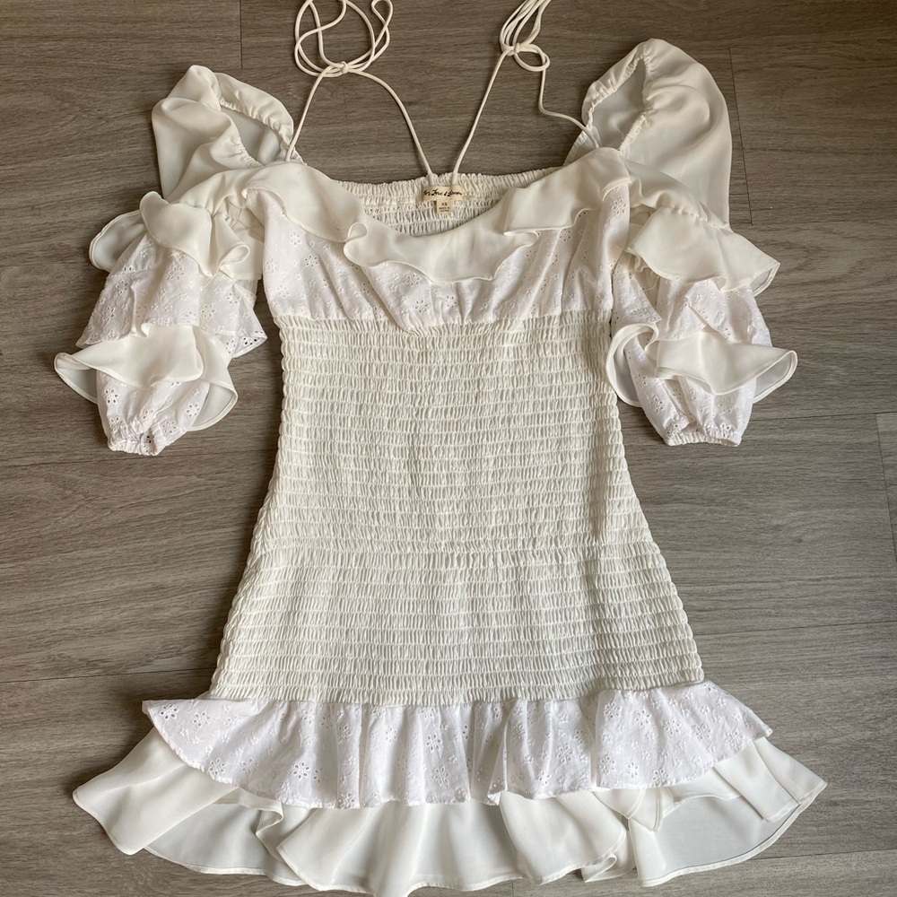 White ruched ruffle dress
